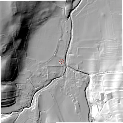 Shaded relief map of the ground around CA103JJ, computed from Environment Agency LiDAR. The ground here sits at about 182 m above sea level and falls 50 m across the surrounding 800 m. Surface water reaching this point runs off ground lying to the west-south-west, 4.6 m higher.