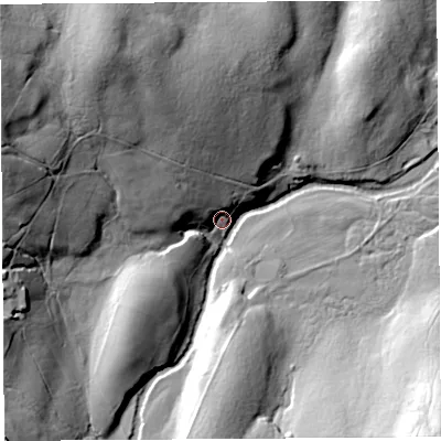 Shaded relief map of the ground around CA103NE, computed from Environment Agency LiDAR. The ground here sits at about 255 m above sea level and falls 49 m across the surrounding 800 m. Surface water reaching this point runs off ground lying to the north-west, 20.0 m higher.