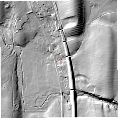 Shaded relief map of the ground around CA103PY, computed from Environment Agency LiDAR. The ground here sits at about 250 m above sea level and falls 37 m across the surrounding 800 m. Surface water reaching this point runs off ground lying to the north-north-east, 30.6 m higher.