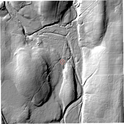 Shaded relief map of the ground around CA103QD, computed from Environment Agency LiDAR. The ground here sits at about 236 m above sea level and falls 24 m across the surrounding 800 m. Surface water reaching this point runs off ground lying to the west-south-west, 16.2 m higher.