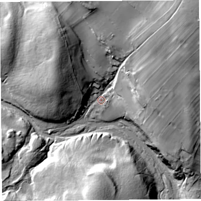 Shaded relief map of the ground around CA103QF, computed from Environment Agency LiDAR. The ground here sits at about 235 m above sea level and falls 35 m across the surrounding 800 m. Surface water reaching this point runs off ground lying to the north-east, 29.7 m higher.