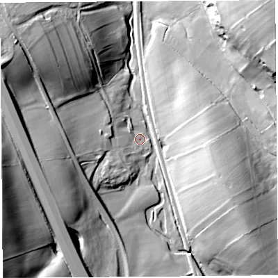 Shaded relief map of the ground around CA103QH, computed from Environment Agency LiDAR. The ground here sits at about 221 m above sea level and falls 47 m across the surrounding 800 m. Surface water reaching this point runs off ground lying to the west, 23.2 m higher.