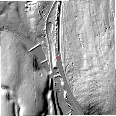 Shaded relief map of the ground around CA103QJ, computed from Environment Agency LiDAR. The ground here sits at about 279 m above sea level and falls 84 m across the surrounding 800 m. Surface water reaching this point runs off ground lying to the east, 56.2 m higher.