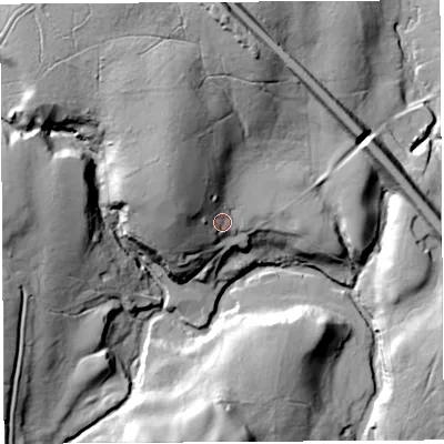 Shaded relief map of the ground around CA103QX, computed from Environment Agency LiDAR. The ground here sits at about 251 m above sea level and falls 47 m across the surrounding 800 m. Surface water reaching this point runs off ground lying to the north-west, 19.6 m higher.