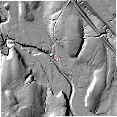 Shaded relief map of the ground around CA103QZ, computed from Environment Agency LiDAR. The ground here sits at about 197 m above sea level and falls 68 m across the surrounding 800 m. Surface water reaching this point runs off ground lying to the north-east, 2.7 m higher.