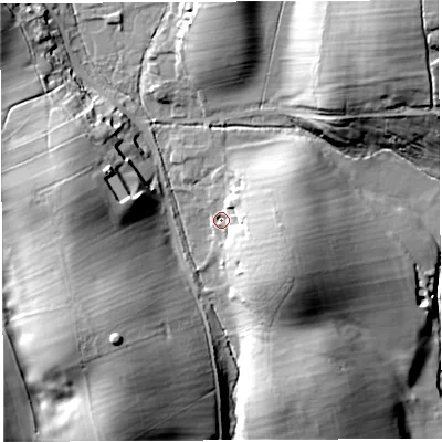 Shaded relief map of the ground around CA103RF, computed from Environment Agency LiDAR. The ground here sits at about 229 m above sea level and falls 38 m across the surrounding 800 m. Surface water reaching this point runs off ground lying to the west, 16.4 m higher.