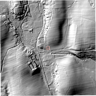 Shaded relief map of the ground around CA103RN, computed from Environment Agency LiDAR. The ground here sits at about 230 m above sea level and falls 31 m across the surrounding 800 m. Surface water reaching this point runs off ground lying to the north-north-east, 8.5 m higher.