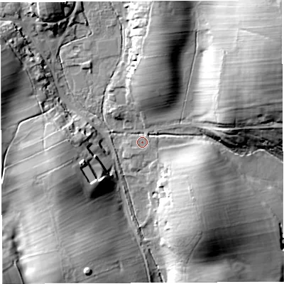 Shaded relief map of the ground around CA103RP, computed from Environment Agency LiDAR. The ground here sits at about 229 m above sea level and falls 35 m across the surrounding 800 m. Surface water reaching this point runs off ground lying to the west-south-west, 16.0 m higher.