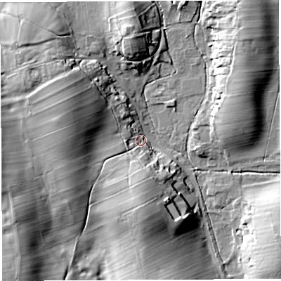 Shaded relief map of the ground around CA103RX, computed from Environment Agency LiDAR. The ground here sits at about 233 m above sea level and falls 20 m across the surrounding 800 m. Surface water reaching this point runs off ground lying to the west, 15.9 m higher.