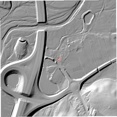 Shaded relief map of the ground around CA103SS, computed from Environment Agency LiDAR. The ground here sits at about 178 m above sea level and falls 37 m across the surrounding 800 m. Surface water reaching this point runs off ground lying to the south-east, 30.1 m higher.