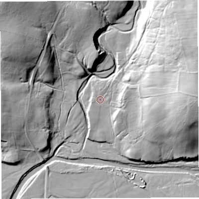 Shaded relief map of the ground around CA103SZ, computed from Environment Agency LiDAR. The ground here sits at about 186 m above sea level and falls 45 m across the surrounding 800 m. Surface water reaching this point runs off ground lying to the north-east, 1.7 m higher.