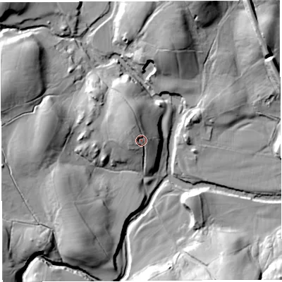 Shaded relief map of the ground around CA103TA, computed from Environment Agency LiDAR. The ground here sits at about 193 m above sea level and falls 28 m across the surrounding 800 m. Surface water reaching this point runs off ground lying to the north-west, 5.4 m higher.