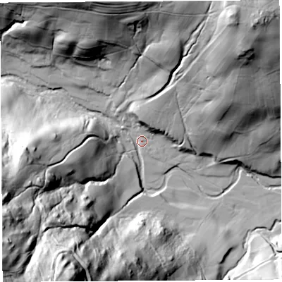 Shaded relief map of the ground around CA103TE, computed from Environment Agency LiDAR. The ground here sits at about 212 m above sea level and falls 121 m across the surrounding 800 m. Surface water reaching this point runs off ground lying to the west-south-west, 86.0 m higher.