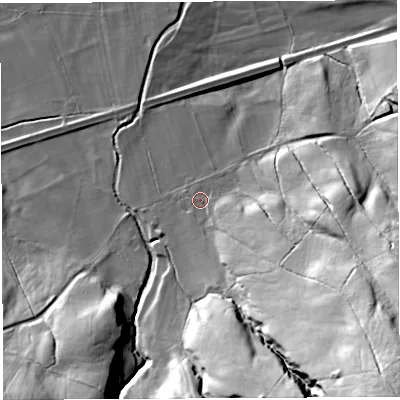 Shaded relief map of the ground around CA103TZ, computed from Environment Agency LiDAR. The ground here sits at about 192 m above sea level and falls 66 m across the surrounding 800 m. Surface water reaching this point runs off ground lying to the south-east, 56.6 m higher.