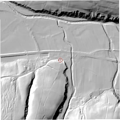 Shaded relief map of the ground around CA103UA, computed from Environment Agency LiDAR. The ground here sits at about 197 m above sea level and falls 58 m across the surrounding 800 m. Surface water reaching this point runs off ground lying to the south-south-west, 26.3 m higher.