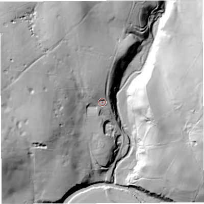 Shaded relief map of the ground around CA103UB, computed from Environment Agency LiDAR. The ground here sits at about 211 m above sea level and falls 49 m across the surrounding 800 m. Surface water reaching this point runs off ground lying to the west-north-west, 24.7 m higher.
