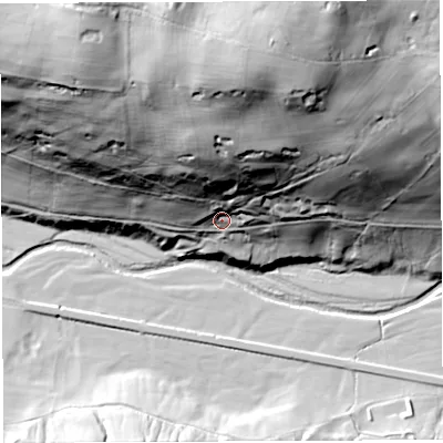 Shaded relief map of the ground around CA103UD, computed from Environment Agency LiDAR. The ground here sits at about 216 m above sea level and falls 79 m across the surrounding 800 m. Surface water reaching this point runs off ground lying to the north, 60.0 m higher.