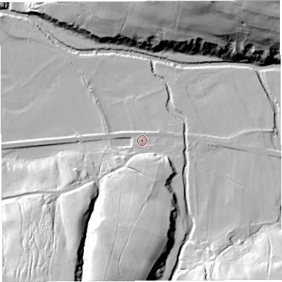 Shaded relief map of the ground around CA103UE, computed from Environment Agency LiDAR. The ground here sits at about 196 m above sea level and falls 60 m across the surrounding 800 m. Surface water reaching this point runs off ground lying to the south-south-west, 38.7 m higher.