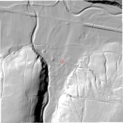 Shaded relief map of the ground around CA103UJ, computed from Environment Agency LiDAR. The ground here sits at about 203 m above sea level and falls 55 m across the surrounding 800 m. Surface water reaching this point runs off ground lying to the south-south-east, 23.0 m higher.