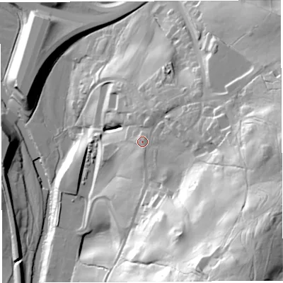 Shaded relief map of the ground around CA103UY, computed from Environment Agency LiDAR. The ground here sits at about 200 m above sea level and falls 91 m across the surrounding 800 m. Surface water reaching this point runs off ground lying to the south-east, 60.9 m higher.