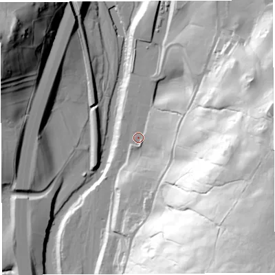 Shaded relief map of the ground around CA103XR, computed from Environment Agency LiDAR. The ground here sits at about 180 m above sea level and falls 121 m across the surrounding 800 m. Surface water reaching this point runs off ground lying to the south-east, 112.3 m higher.