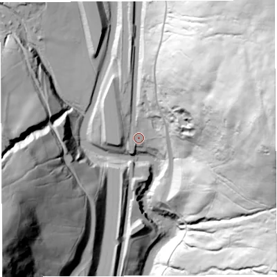 Shaded relief map of the ground around CA103XS, computed from Environment Agency LiDAR. The ground here sits at about 172 m above sea level and falls 146 m across the surrounding 800 m. Surface water reaching this point runs off ground lying to the east-north-east, 131.1 m higher.