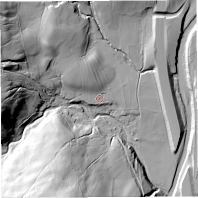 Shaded relief map of the ground around CA103XU, computed from Environment Agency LiDAR. The ground here sits at about 182 m above sea level and falls 82 m across the surrounding 800 m. Surface water reaching this point runs off ground lying to the north-west, 14.1 m higher.