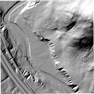 Shaded relief map of the ground around CA103XX, computed from Environment Agency LiDAR. The ground here sits at about 146 m above sea level and falls 234 m across the surrounding 800 m. Surface water reaching this point runs off ground lying to the east-north-east, 226.8 m higher.