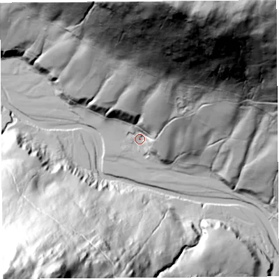 Shaded relief map of the ground around CA103XY, computed from Environment Agency LiDAR. The ground here sits at about 222 m above sea level and falls 222 m across the surrounding 800 m. Surface water reaching this point runs off ground lying to the north-north-east, 209.5 m higher.