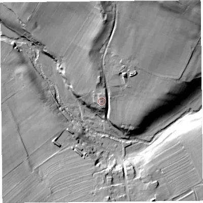 Shaded relief map of the ground around CA110BB, computed from Environment Agency LiDAR. The ground here sits at about 172 m above sea level and falls 29 m across the surrounding 800 m. Surface water reaching this point runs off ground lying to the north, 18.2 m higher.