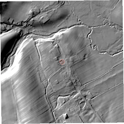 Shaded relief map of the ground around CA110DB, computed from Environment Agency LiDAR. The ground here sits at about 182 m above sea level and falls 30 m across the surrounding 800 m. Surface water reaching this point runs off ground lying to the south-west, 4.1 m higher.