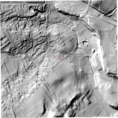 Shaded relief map of the ground around CA110DZ, computed from Environment Agency LiDAR. The ground here sits at about 157 m above sea level and falls 55 m across the surrounding 800 m. Surface water reaching this point runs off ground lying to the south-west, 33.8 m higher.
