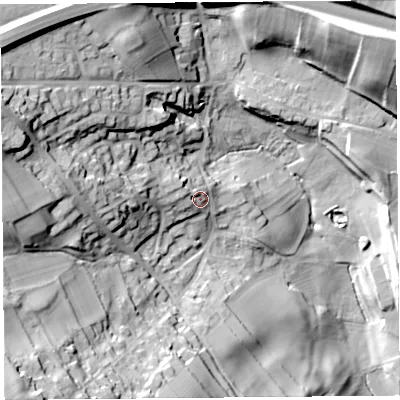 Shaded relief map of the ground around CA110EP, computed from Environment Agency LiDAR. The ground here sits at about 163 m above sea level and falls 53 m across the surrounding 800 m. Surface water reaching this point runs off ground lying to the west-north-west, 5.4 m higher.