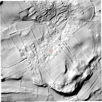 Shaded relief map of the ground around CA110ES, computed from Environment Agency LiDAR. The ground here sits at about 177 m above sea level and falls 70 m across the surrounding 800 m. Surface water reaching this point runs off ground lying to the south-west, 22.0 m higher.