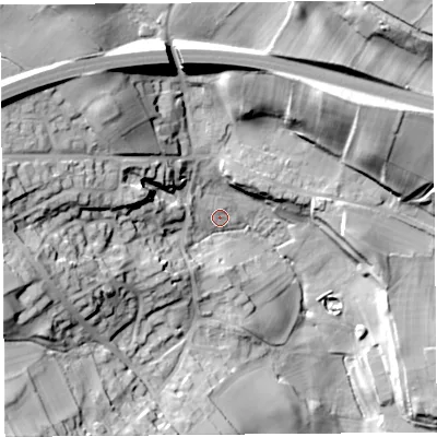 Shaded relief map of the ground around CA110FS, computed from Environment Agency LiDAR. The ground here sits at about 157 m above sea level and falls 42 m across the surrounding 800 m. Surface water reaching this point runs off ground lying to the west, 27.0 m higher.