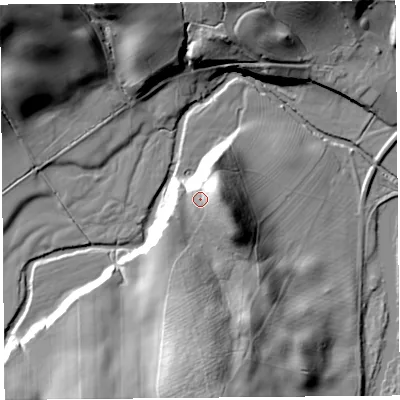 Shaded relief map of the ground around CA110HB, computed from Environment Agency LiDAR. The ground here sits at about 155 m above sea level and falls 43 m across the surrounding 800 m. Surface water reaching this point runs off ground lying to the east, 9.8 m higher.