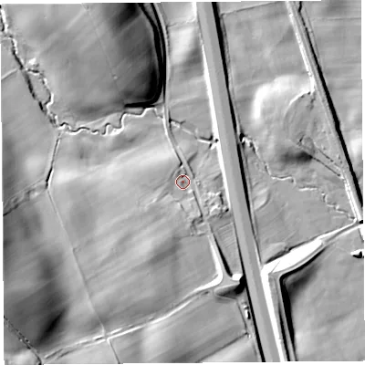 Shaded relief map of the ground around CA110JD, computed from Environment Agency LiDAR. The ground here sits at about 130 m above sea level and falls 33 m across the surrounding 800 m. Surface water reaching this point runs off ground lying to the west-south-west, 25.6 m higher.