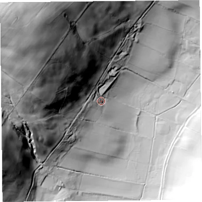 Shaded relief map of the ground around CA110JF, computed from Environment Agency LiDAR. The ground here sits at about 170 m above sea level and falls 135 m across the surrounding 800 m. Surface water reaching this point runs off ground lying to the north-west, 118.3 m higher.