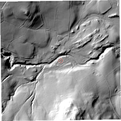 Shaded relief map of the ground around CA110JY, computed from Environment Agency LiDAR. The ground here sits at about 289 m above sea level and falls 90 m across the surrounding 800 m. Surface water reaching this point runs off ground lying to the south-west, 59.8 m higher.