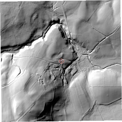 Shaded relief map of the ground around CA110LF, computed from Environment Agency LiDAR. The ground here sits at about 300 m above sea level and falls 90 m across the surrounding 800 m. Surface water reaching this point runs off ground lying to the west, 21.7 m higher.