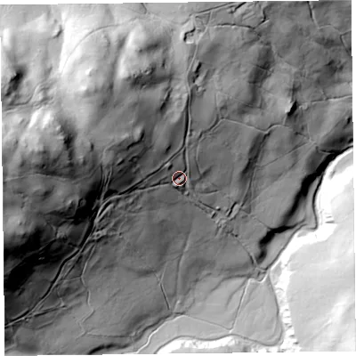 Shaded relief map of the ground around CA110LG, computed from Environment Agency LiDAR. The ground here sits at about 397 m above sea level and falls 127 m across the surrounding 800 m. Surface water reaching this point runs off ground lying to the north-west, 54.4 m higher.
