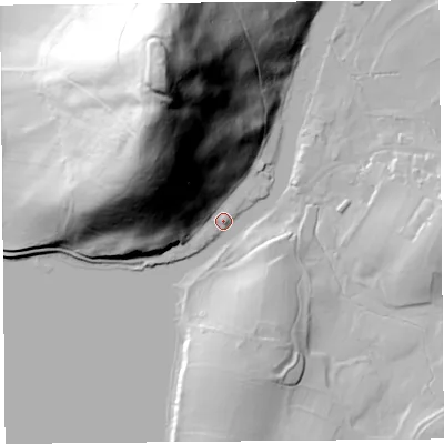 Shaded relief map of the ground around CA110LL, computed from Environment Agency LiDAR. The ground here sits at about 147 m above sea level and falls 100 m across the surrounding 800 m. Surface water reaching this point runs off ground lying to the north-west, 86.5 m higher.