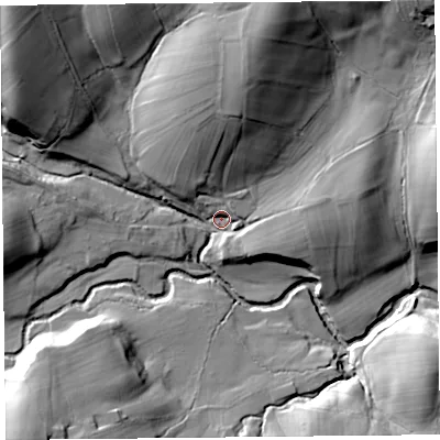 Shaded relief map of the ground around CA110LZ, computed from Environment Agency LiDAR. The ground here sits at about 205 m above sea level and falls 48 m across the surrounding 800 m. Surface water reaching this point runs off ground lying to the north-north-east, 29.2 m higher.