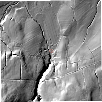 Shaded relief map of the ground around CA110ND, computed from Environment Agency LiDAR. The ground here sits at about 251 m above sea level and falls 102 m across the surrounding 800 m. Surface water reaching this point runs off ground lying to the south-west, 84.7 m higher.