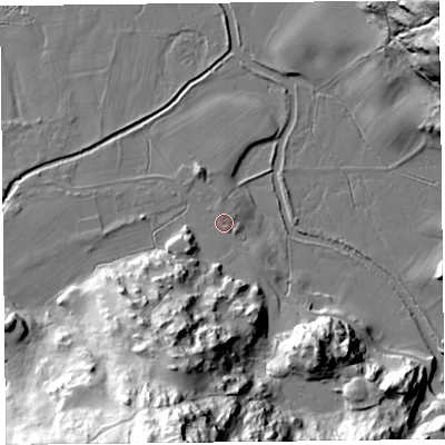 Shaded relief map of the ground around CA110NL, computed from Environment Agency LiDAR. The ground here sits at about 149 m above sea level and falls 67 m across the surrounding 800 m. Surface water reaching this point runs off ground lying to the south, 9.3 m higher.