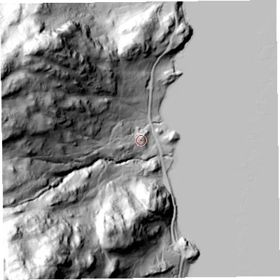 Shaded relief map of the ground around CA110NQ, computed from Environment Agency LiDAR. The ground here sits at about 168 m above sea level and falls 260 m across the surrounding 800 m. Surface water reaching this point runs off ground lying to the west, 183.5 m higher.