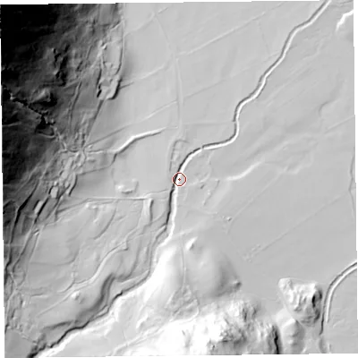 Shaded relief map of the ground around CA110NS, computed from Environment Agency LiDAR. The ground here sits at about 157 m above sea level and falls 172 m across the surrounding 800 m. Surface water reaching this point runs off ground lying to the west, 70.1 m higher.