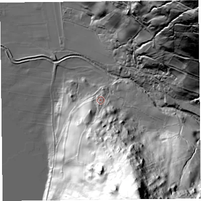 Shaded relief map of the ground around CA110NZ, computed from Environment Agency LiDAR. The ground here sits at about 174 m above sea level and falls 178 m across the surrounding 800 m. Surface water reaching this point runs off ground lying to the south, 37.8 m higher.