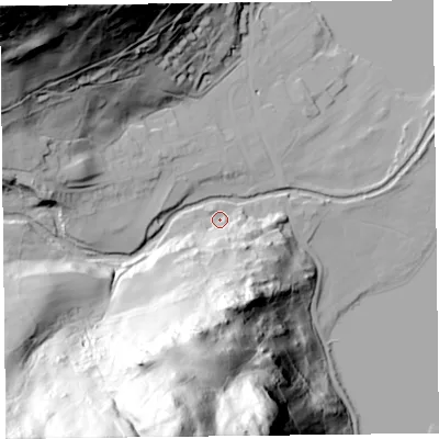 Shaded relief map of the ground around CA110PA, computed from Environment Agency LiDAR. The ground here sits at about 157 m above sea level and falls 138 m across the surrounding 800 m. Surface water reaching this point runs off ground lying to the south, 53.3 m higher.