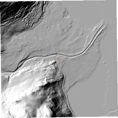 Shaded relief map of the ground around CA110PB, computed from Environment Agency LiDAR. The ground here sits at about 152 m above sea level and falls 133 m across the surrounding 800 m. Surface water reaching this point runs off ground lying to the south-west, 7.8 m higher.